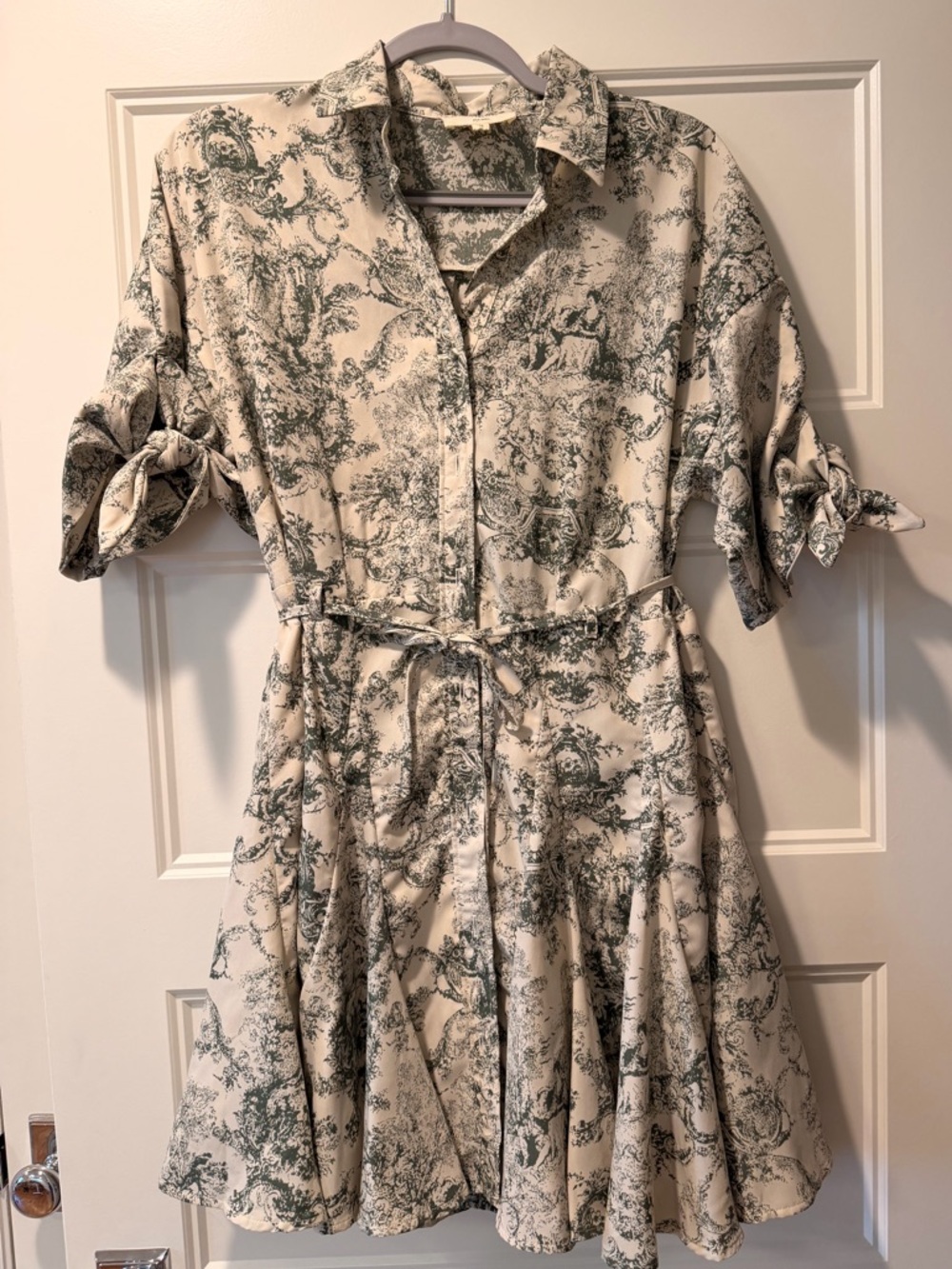 Umgee Cream and Green Toile Button Down Flutter Dress w/ Tie-Waist and Sleeves